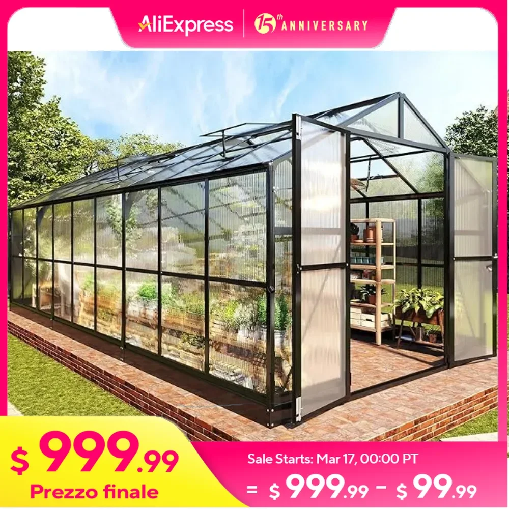 8x18 FT Greenhouse with Quick-Connect Fittings, 2 Swing Doors, Winter Outdoor Walk-in Large Aluminum Greenhouse