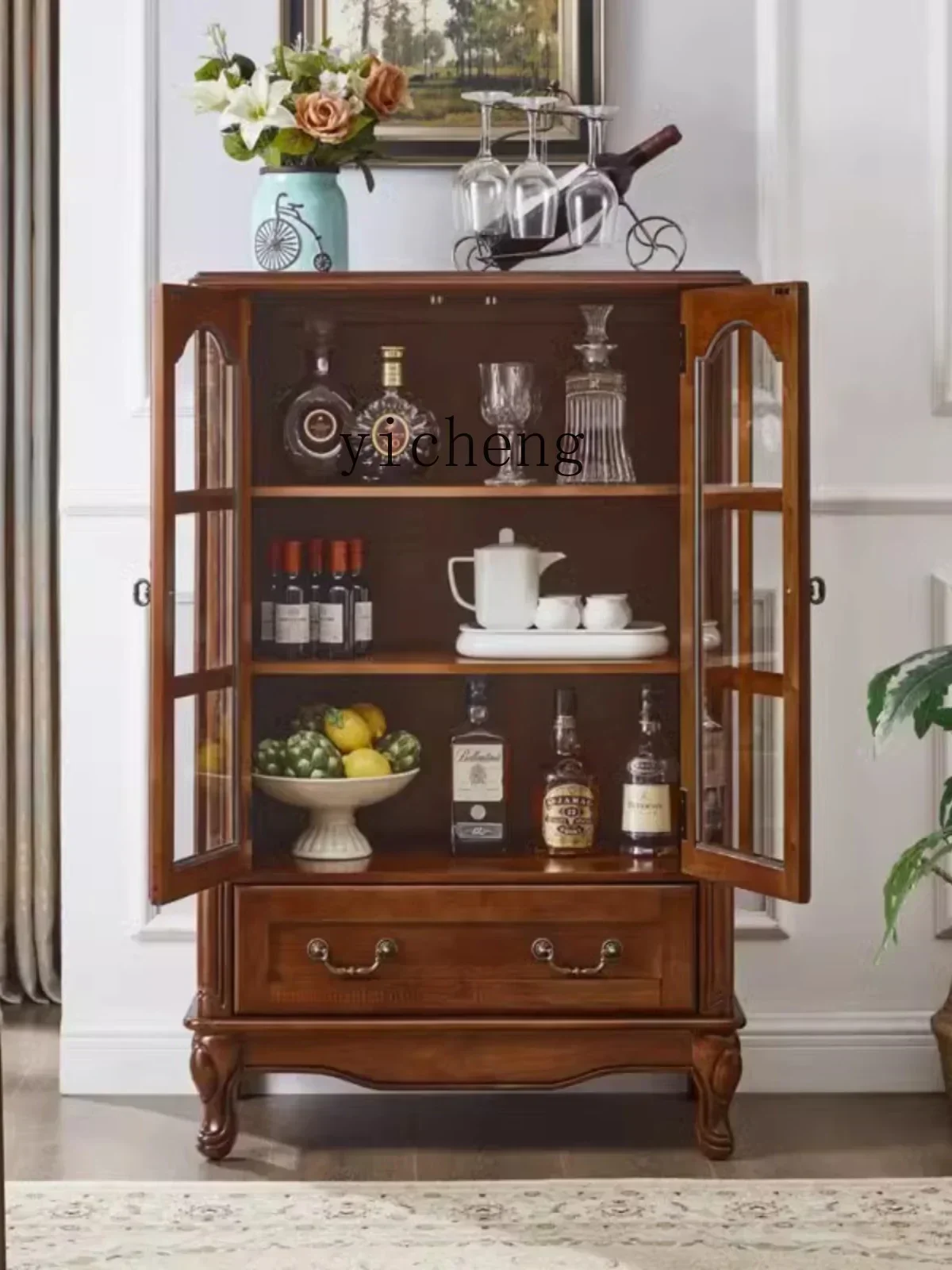 

v5.29 American solid wood wine cabinet living room glass display cabinet simple tea locker