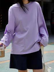 [EAM] Women Purple Brief Big Size Thin Casual Plain T-shirt New Round Neck Long Sleeve Fashion Tide Spring Autumn 2024 1DH6906