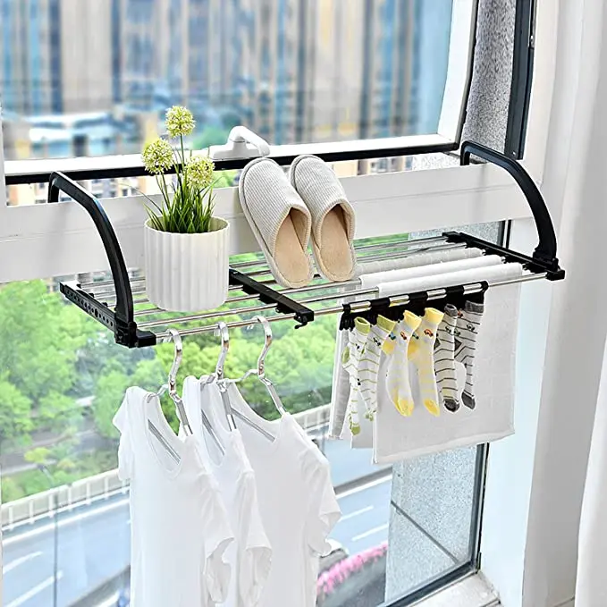 Portable Clothes Drying Rack for Balcony Folding Towel Rack Indoor Outdoor Adjustable Laundry Rack with Sock Clips Storage Rack