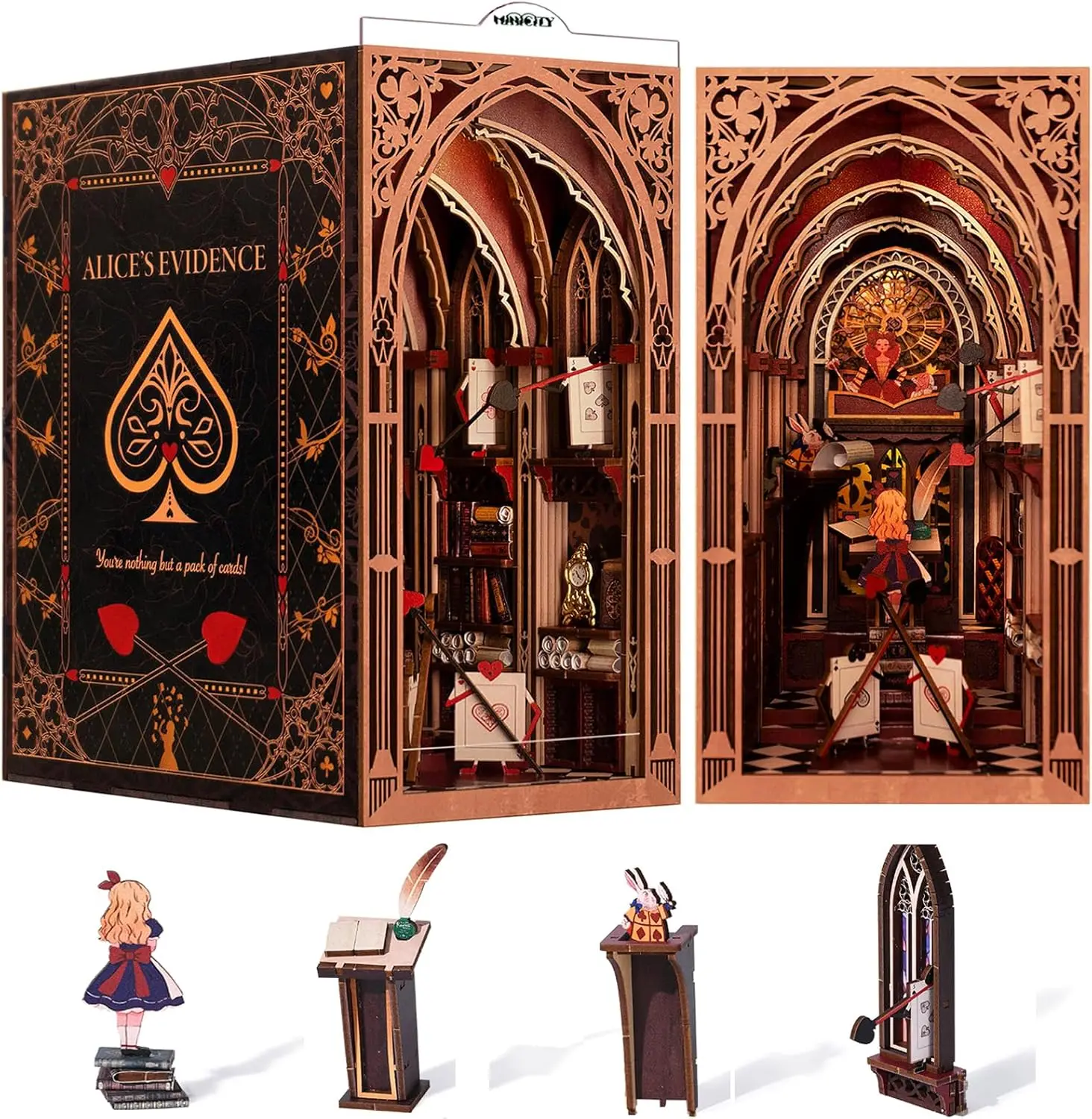 Kit de rincón de libros DIY de Alicia en el país de las Maravillas, rompecabezas de madera 3D con luz LED para adolescentes y adultos, decoración de casa de muñecas en miniatura