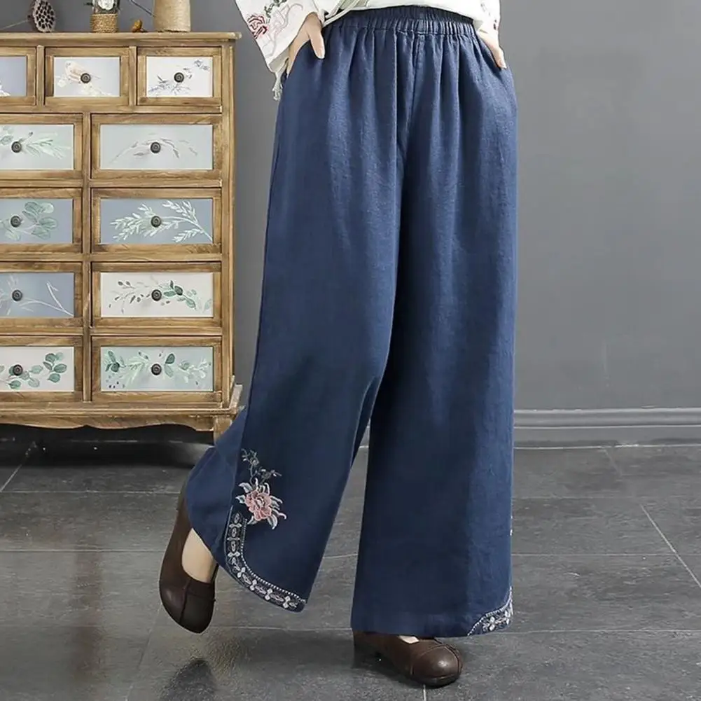 

Chinese Style Long Pants Elastic Waist Wide Leg Casual Trousers Pocket Design Loose Fit Retro Pants Female Pantalones Ropa Mujer