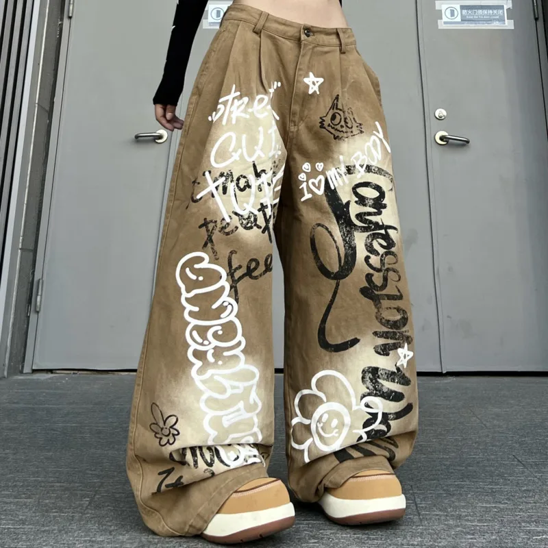 ANJY Spring Autumn New Women American Style Vintage Washed Graffiti Jeans Fashion High Street Loose Wide-Leg Denim Pants A21471