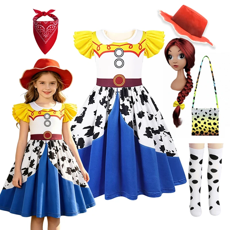 

Kids Girls Toy Story Jessie Themed Costume Dress With Cow Print And Western Style For Cosplay Carnival Party Dress Up