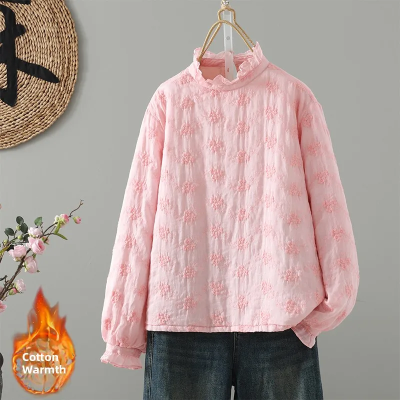 

Winter Embroidered Heavy Work Lace Collar Loose Cotton Top Soft Lightweight Small Cotton Jaet Inner Outer Wear Long Sve