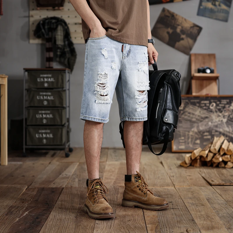 28-48Large Size Shorts Men's Ripped Summer Loose Trendy Retro Street Fashion and Handsome Casual Oversize Cropped Pants