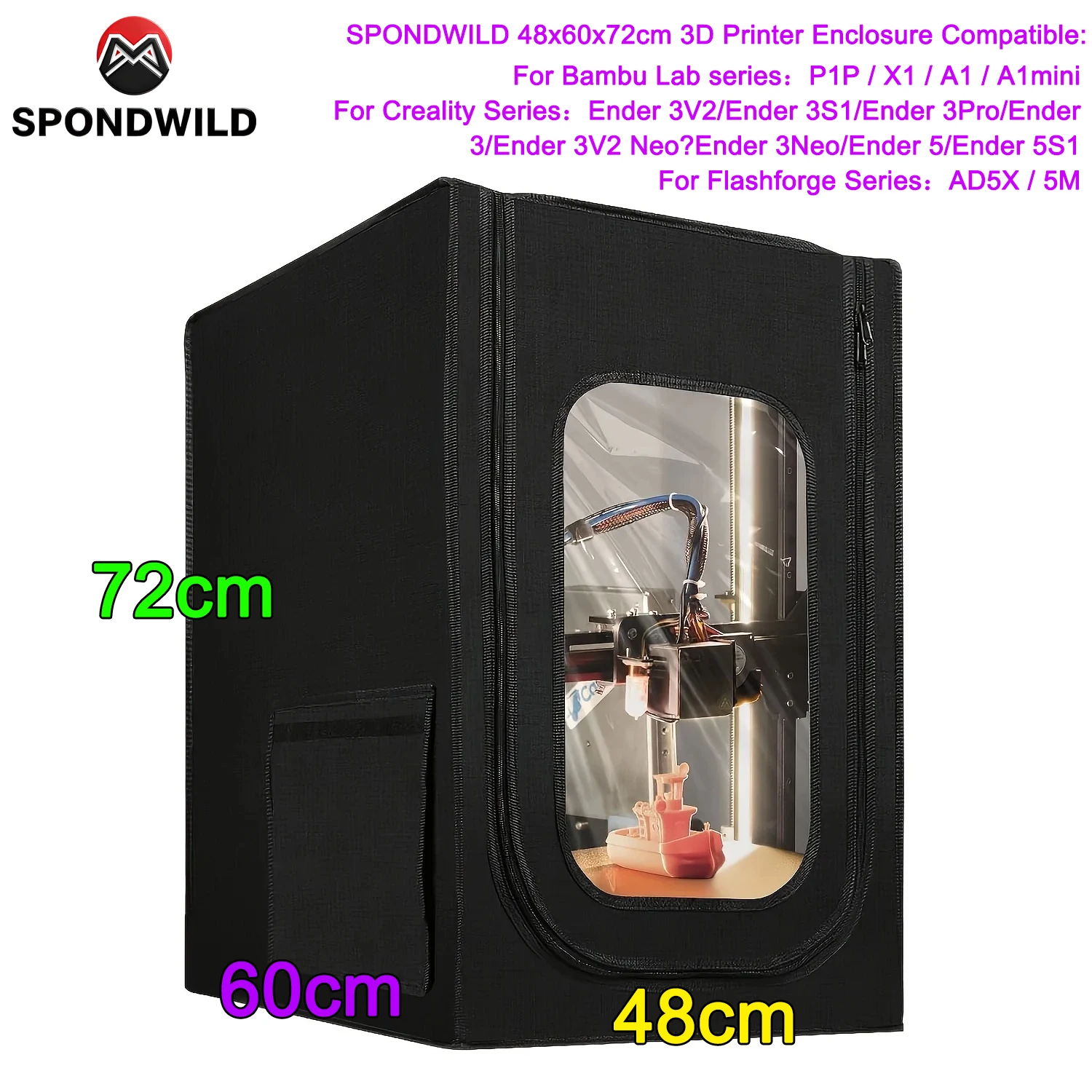 

SPONDWILD 3D Printer Chamber for Bambu Lab P1P/ X1/ A1/ A1mini Fireproof & Soundproof Cover for Flashforge AD5X / 5M; Creality