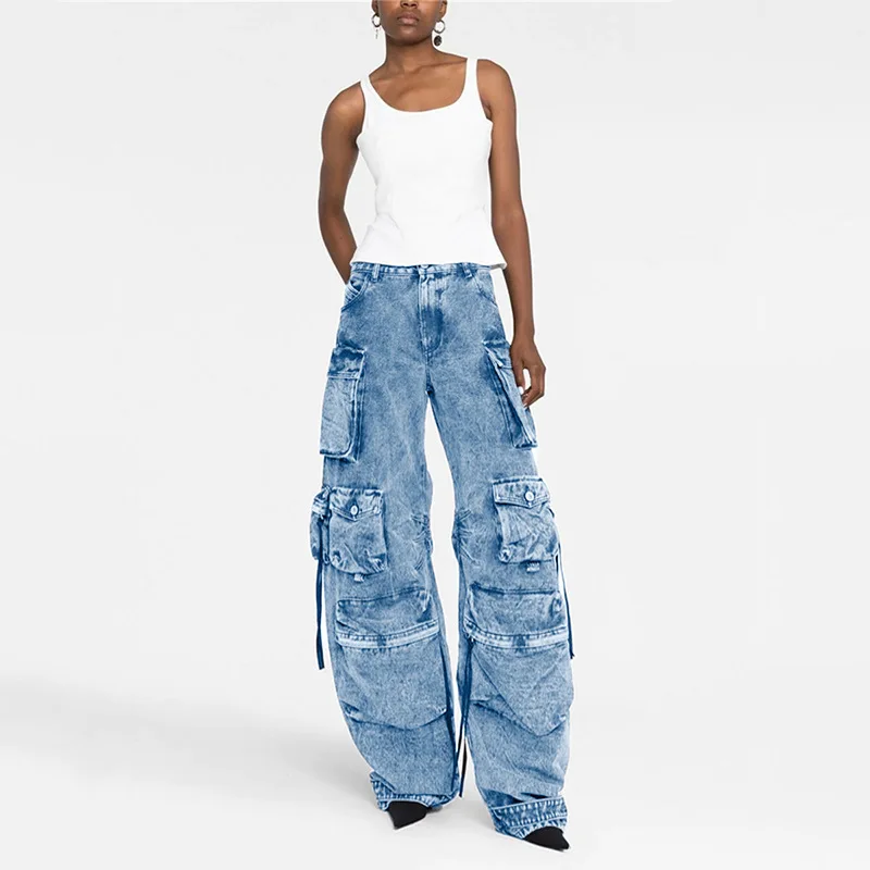 XINYUAN 2022 Winter New Collection Multi Pockets Punk Style Denim Cargo Pants Women Wide Leg Jeans