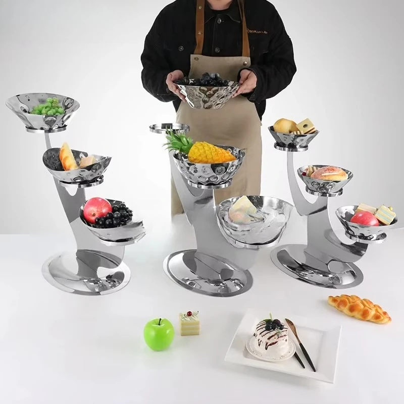 

zcy Huadison Wedding Party Decorations Three Tier Hammered Afternoon Tea Food Display Riser Silver Fruit Bowl Display Stand