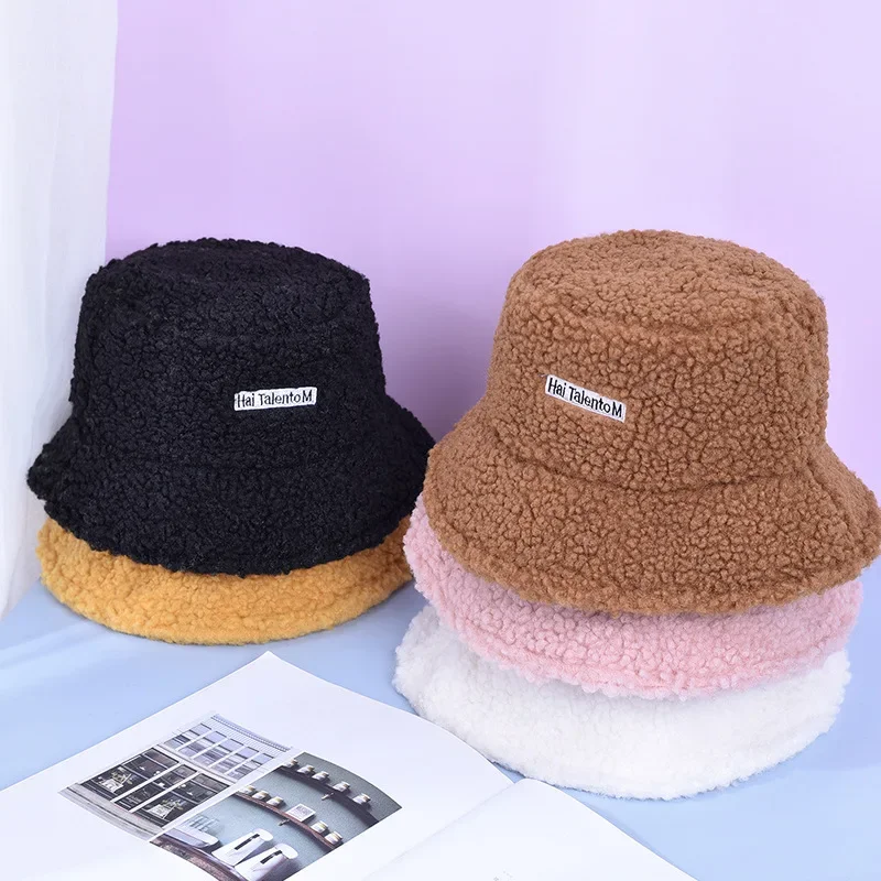 

Baby Lamb Fleece Bucket Hat Winter Warm Plush Fisherman Cap Solid Color Letter Kids Girl Boy Basin Caps