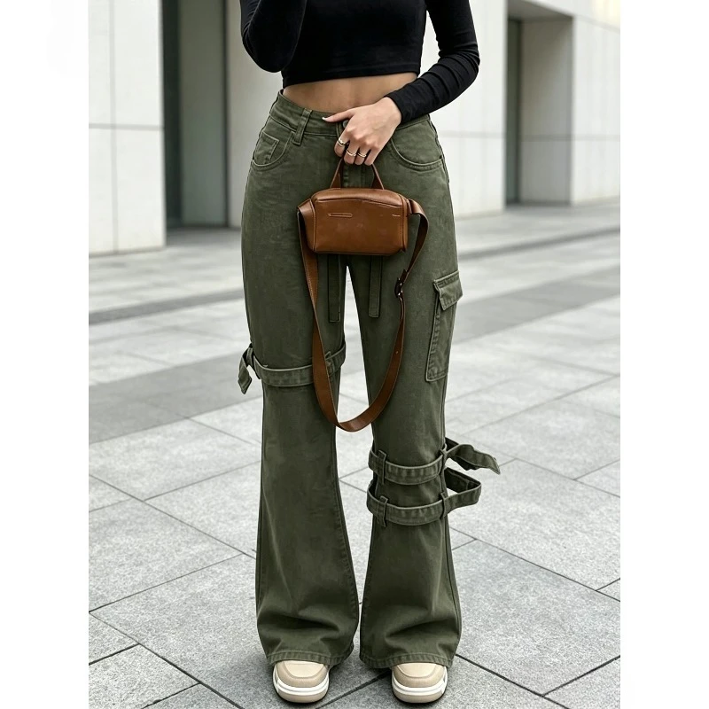 2026 New Retro Army Green Multi-strap Design Sense Tooling Denim Trousers, Elastic Slim and Versatile Denim Overalls.
