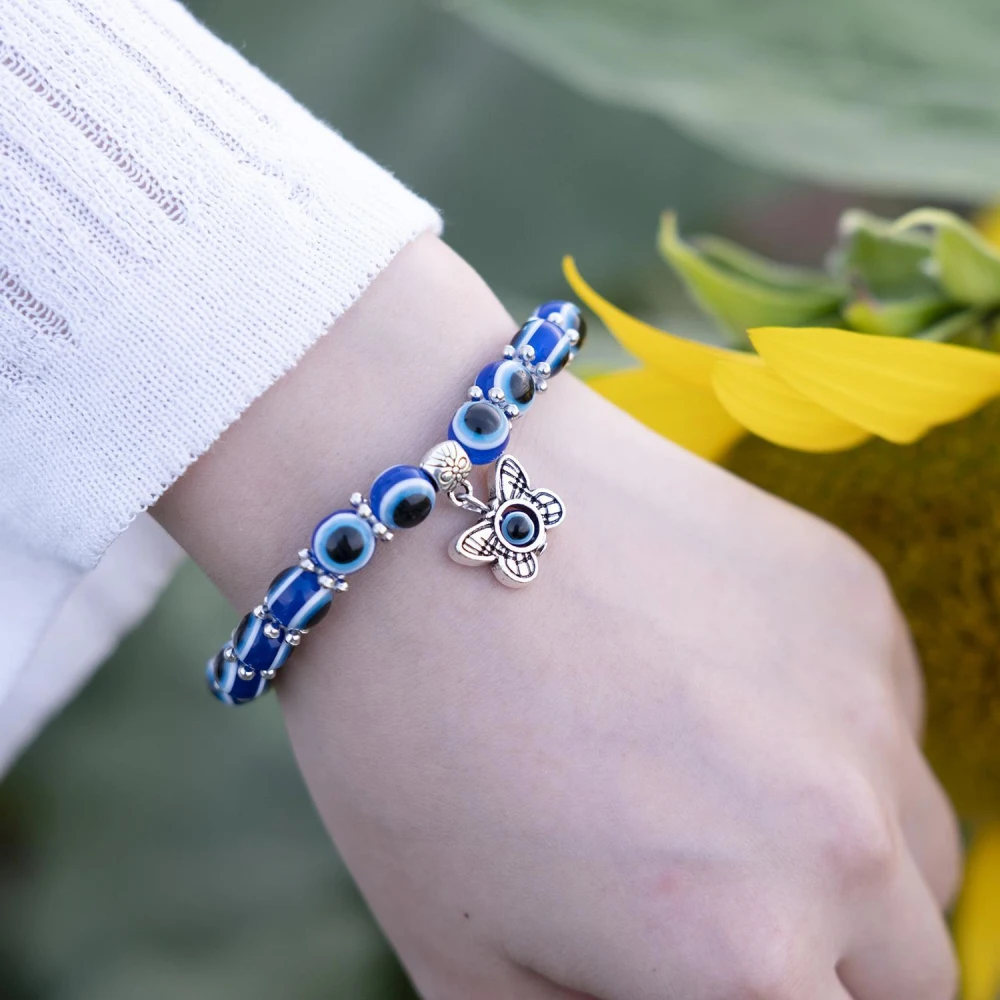Pulseras turcas de mal de ojo de la suerte para hombres y mujeres, colgante de mariposa de Palma de mal de ojo azul, pulsera de cuentas, brazalete, joyería hecha a mano