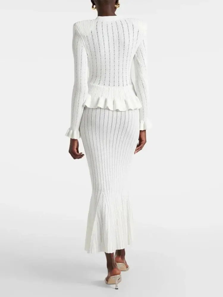 2024 New Autumn Winter Women\'s Knitted Two Piece Set V Neck Long Sleeve Sweater Cardigan + High Waist Elegant Mermaid Skirt Sets