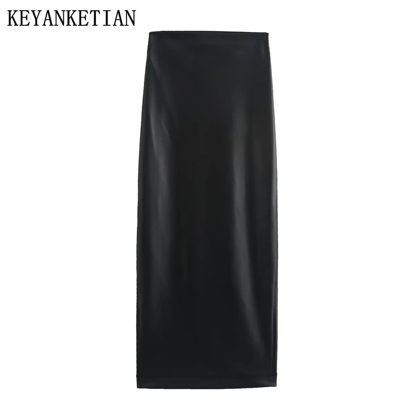 KEYANKETIAN 2024 Autumn/Winter New Women's Imitation leather MIDI Skirt Fashion Zipper High-waisted Back Split Hip Wrap Skirt