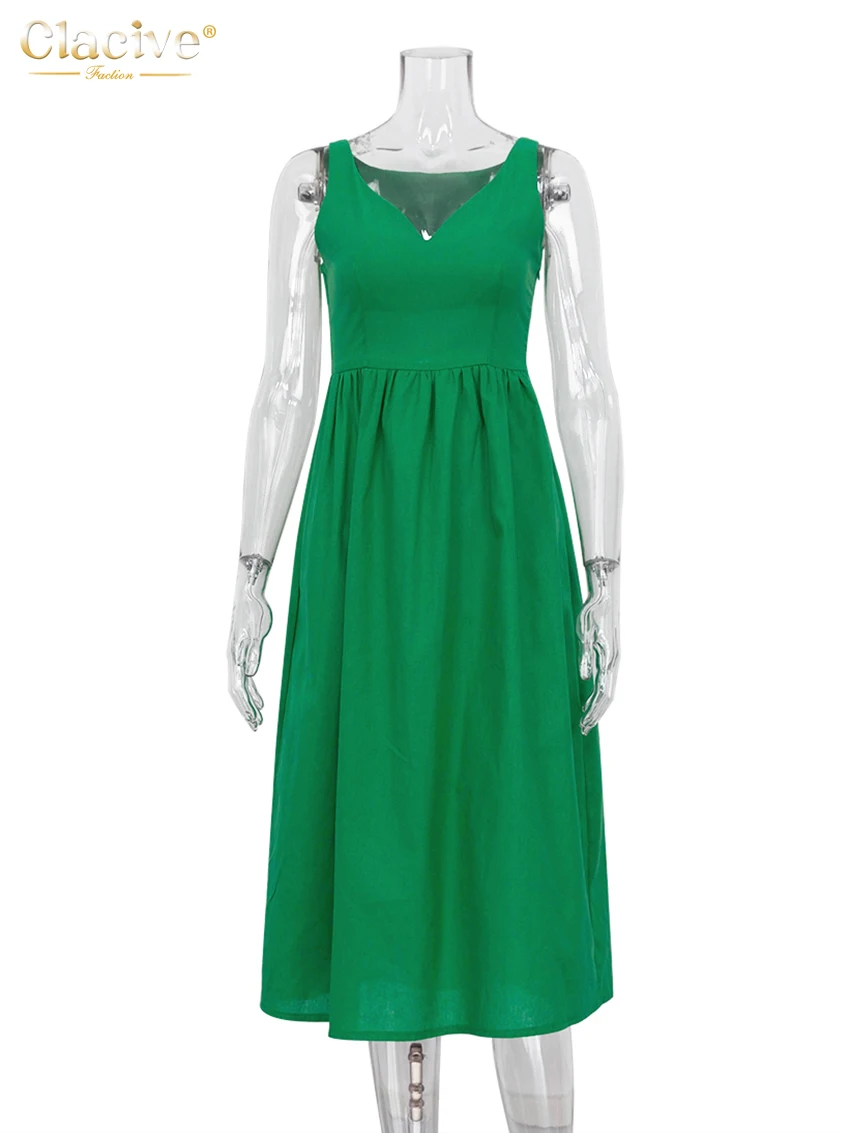 Clacive Summer V-Neck Green Women\'S Dress 2022 Casual Loose Sleeveless Office Midi Dresses Elegant Classic Ruched Female Dress