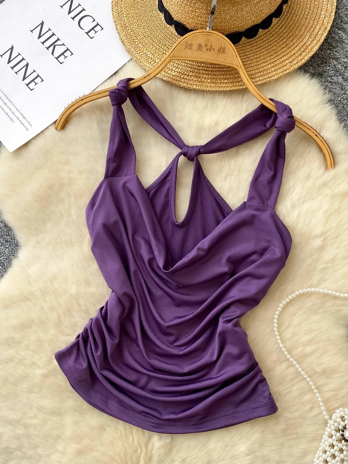 Ele Slim Fit ter Ne Vest Women's Summer Knot Twist Pleated Faionable Spicy Girl Top Trendy Commute Sle Bal