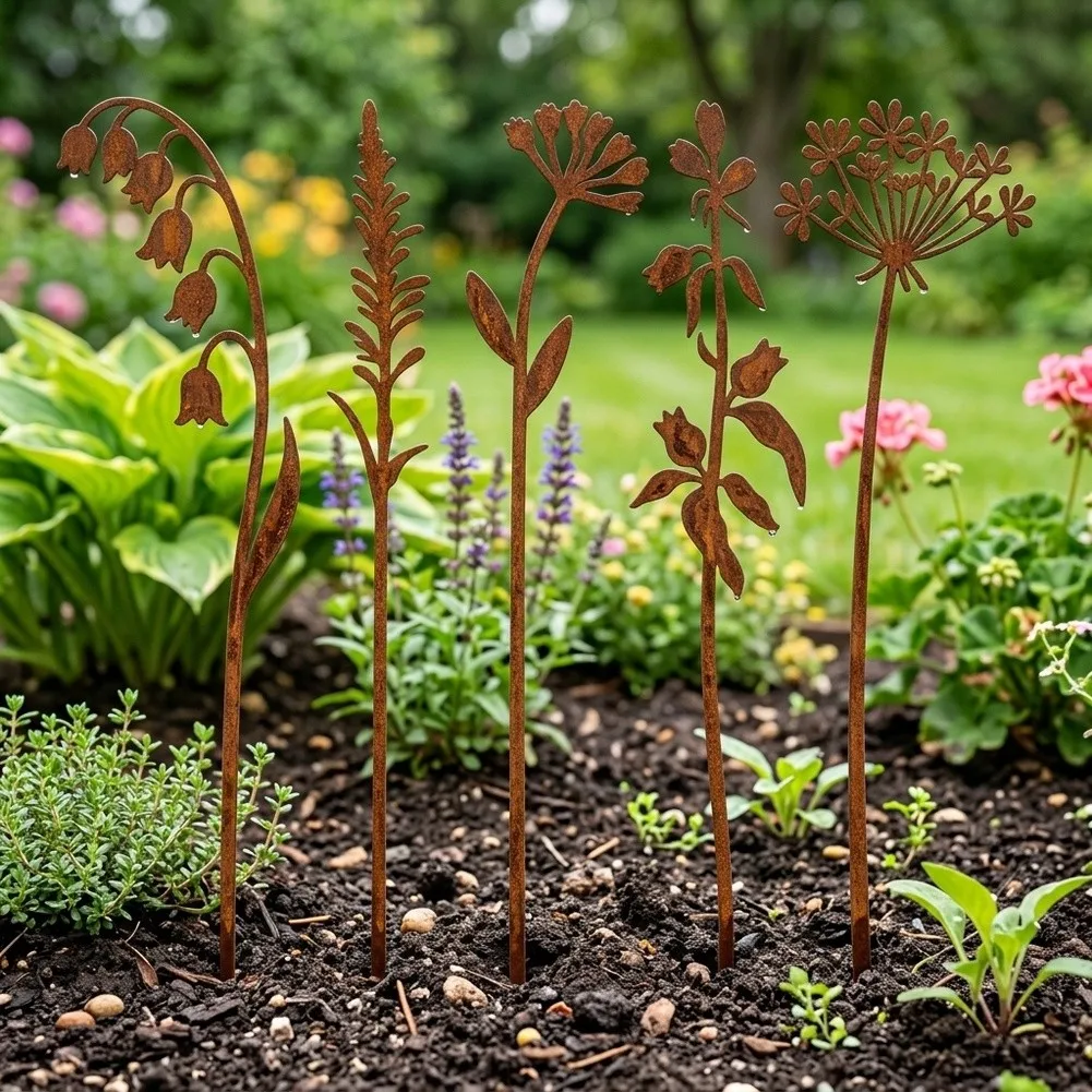 36cm Metal Rust For garden Stake Set 5pcs Weather Resistant Decorative Stakes for Outdoor Flower Bed Decoration