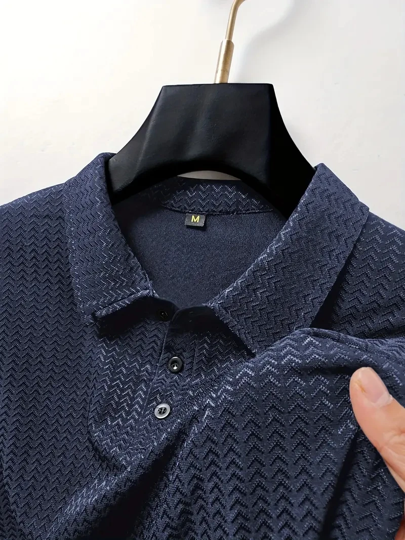 Polo décontracté à manches courtes en soie glacée pour hommes, t-shirt respirant élastique creux, revers à la mode, été 2024