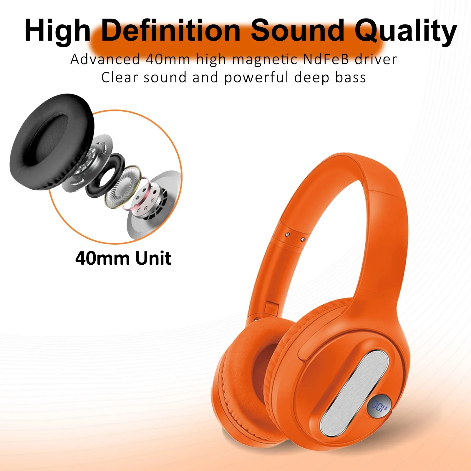 AKZ-13 Bluetooth 5.3 Headset Wireless Over Ear Headphone Earphones Music Earbuds Noise Cancelling Dynamic Driver Digital Display