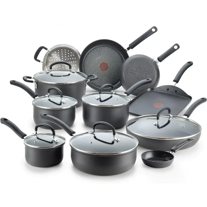 Ultimate Hard Anodized Nonstick Cookware Set 17 Piece Oven Safe 400F, Lid Safe 350F Pots and Pans, Dishwasher Safe Black