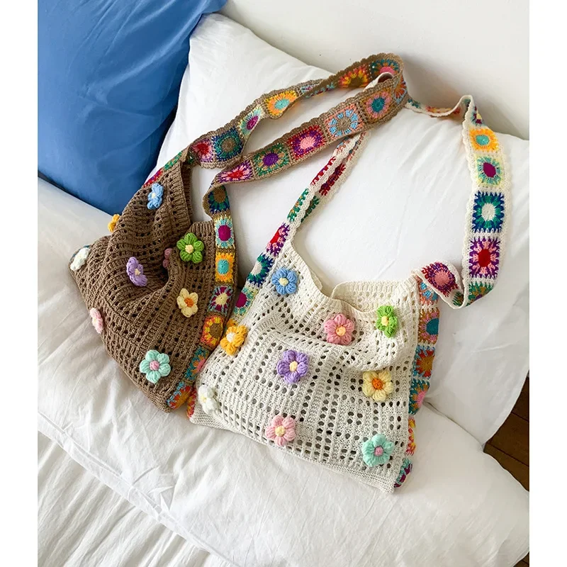 

2025 Artisan Crochet Flower Tote: Spacious Boho Shoulder Bag, Beach Vacation Crossbody Purse, Embroidered Cotton Carryall