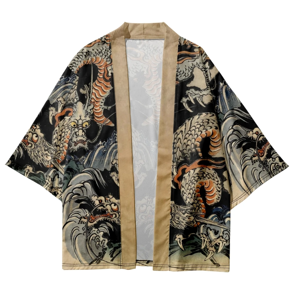 Ukiyo-e Painted Dragon Antique Cardigan Guochao Daoist Robe White Jacket Personalized Seven-quarter Sleeve Sunscreen Clothing