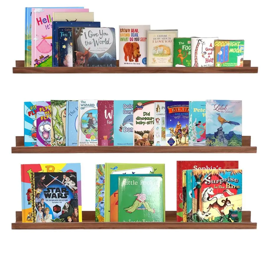 Estantes flotantes para libros de 36 pulgadas, estante de repisa para cuadros de pared de madera rústica para almacenamiento, luz de nogal, imagen montada en la pared, exhibición de fotos S