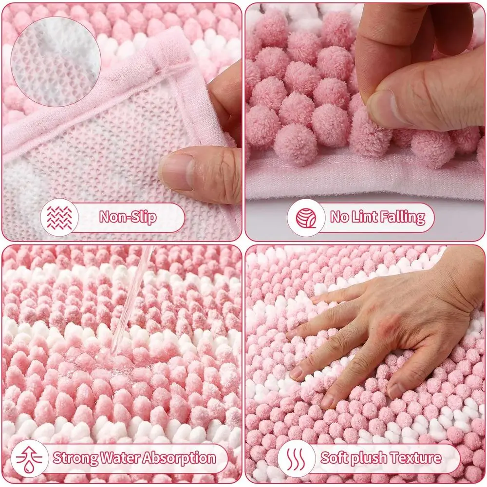 مجموعة ملحقات الحمام الوردية الكاملة: ستارة الدش، السجاد، سلة المهملات، فرشاة المرحاض، حامل فرشاة الأسنان والكوب، موزع الصابون، ذلك