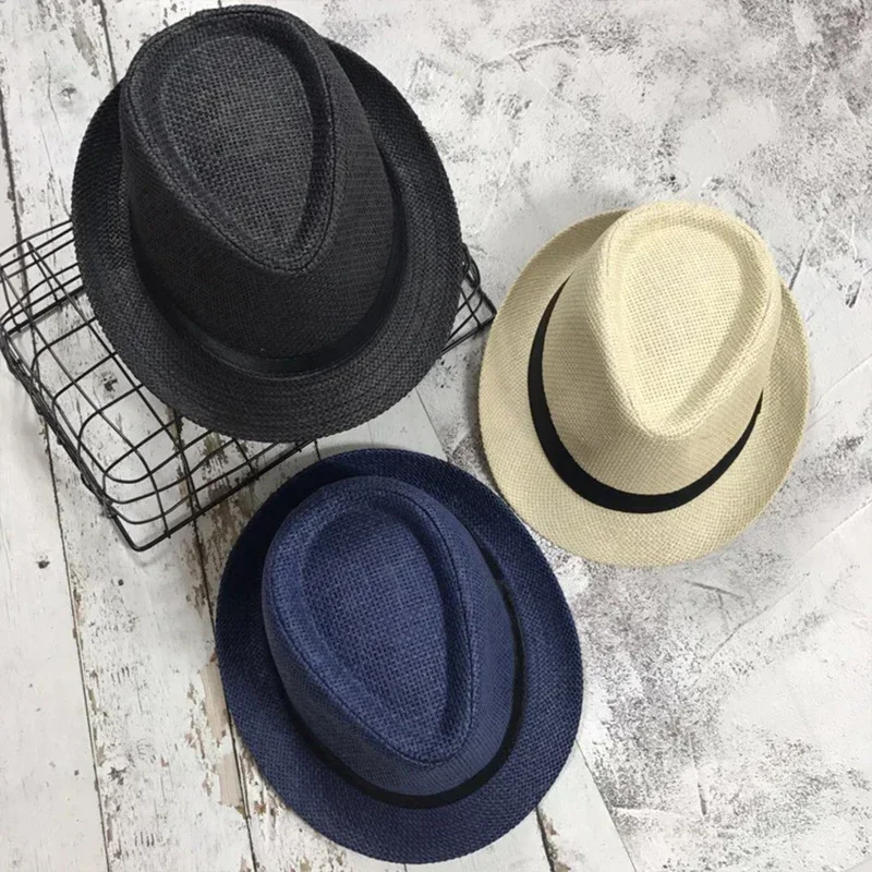 Fashion Men Straw Hat for Women Summer Trendy Beach Sun Hats Solid Color Fedoras Ribbon Casual Cowboy Jazz Cap Gangster Cap Male