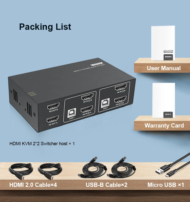 Przełącznik KVM HDMI podwójny Monitor 2 porty 4K @ 60Hz, USB2.0,2 PC 2 przełącznik monitora HDMI 2.0 HDCP2.2 z 4 kablami HDMI i 2 kablami USB