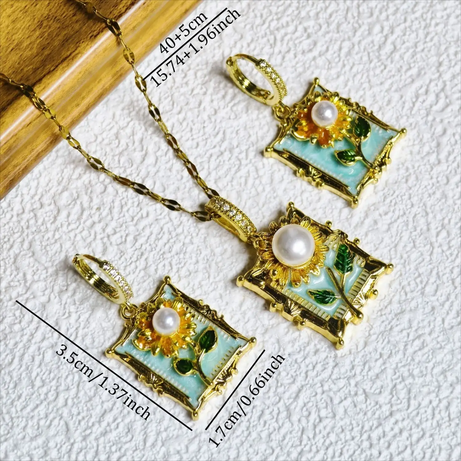 Monet Garden Sunflower Enamel Necklace Earring Set with Ancient Style, High Grade, Fashion Style, Clavicle Stainless Steel