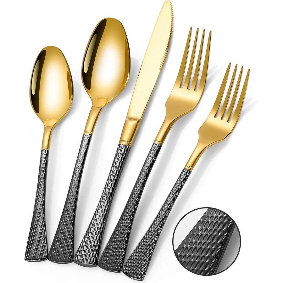 

Hammered Black Gold Silverware Set for 8Stainless Steel 40Piece Modern Cutlery Set Mirror Polished Heavy Duty Flatware Set Uten