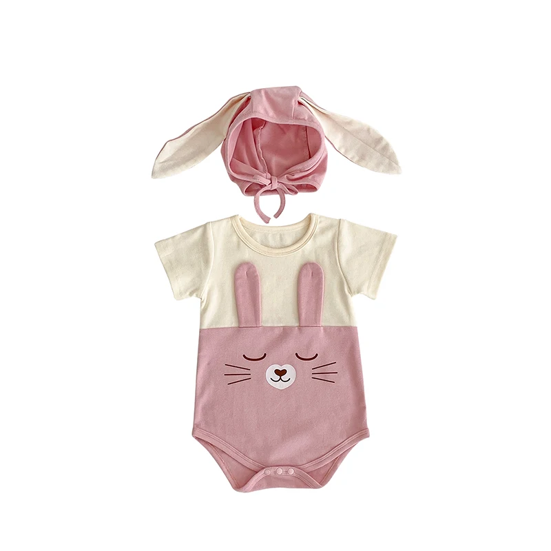 

Baby Girls Boys Rompers Easter Clothes Rabbit Pattern Crew Neck Short Sleeve Casual Bodysuits with Bunny Ears Hat