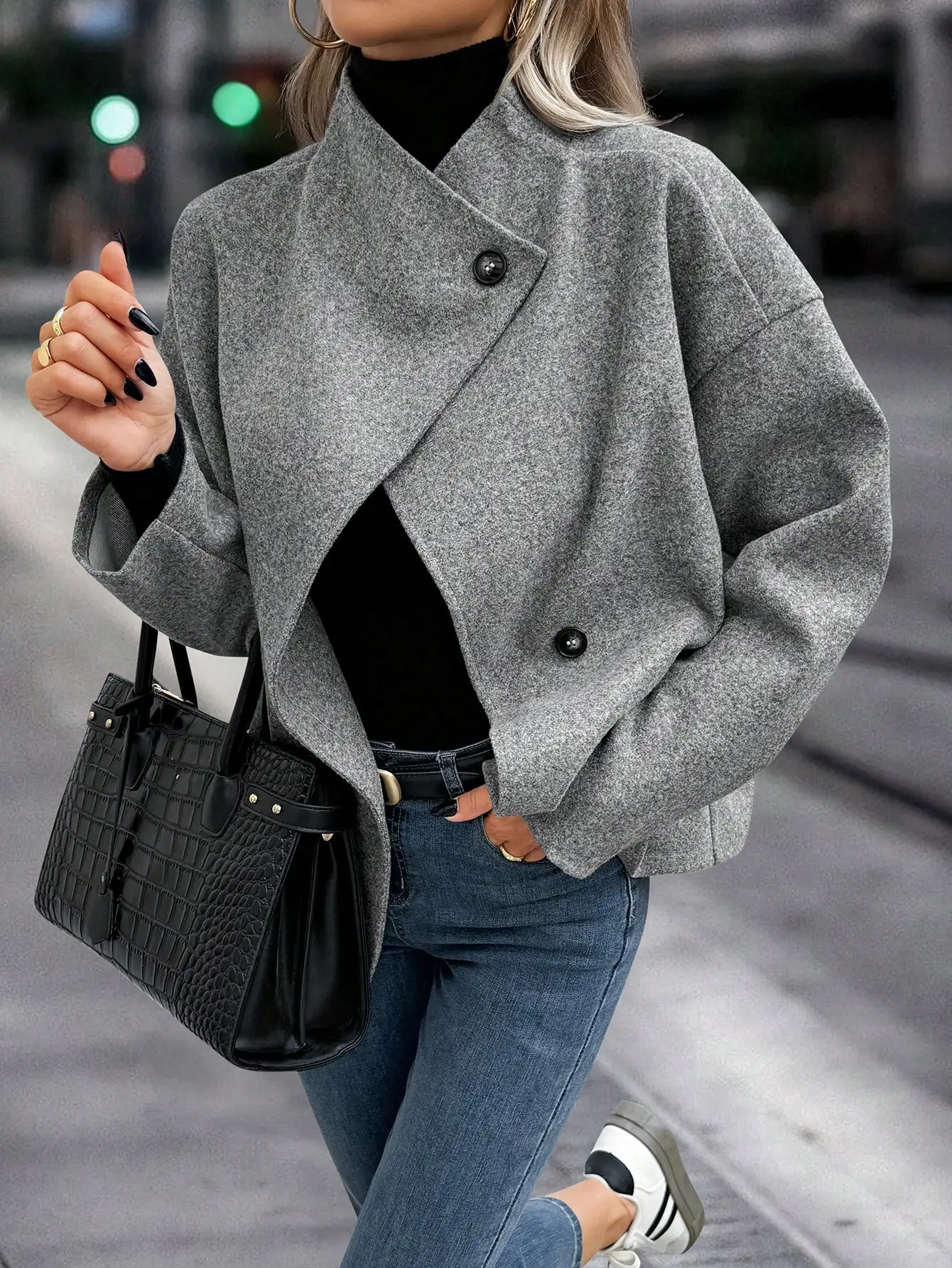 

Женский твидовый жакет из смесовой шерсти серого цвета, винтажный, с отложным воротником и одной пуговицей, осенне-зимний повседневный стиль