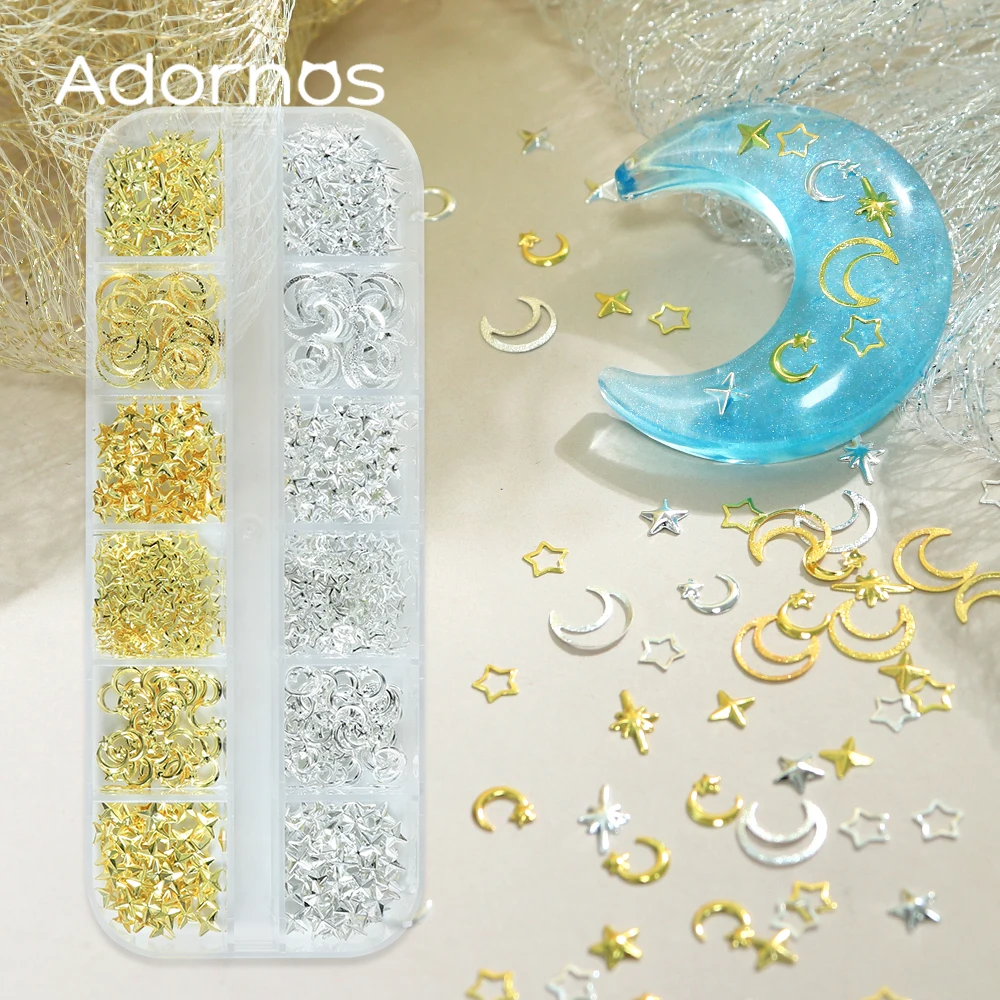 Estrellas doradas y plateadas, Luna, remaches metálicos, accesorios DIY, estrella hueca, Luna, purpurina, decoraciones artísticas para uñas, diseño de dijes de uñas 3D
