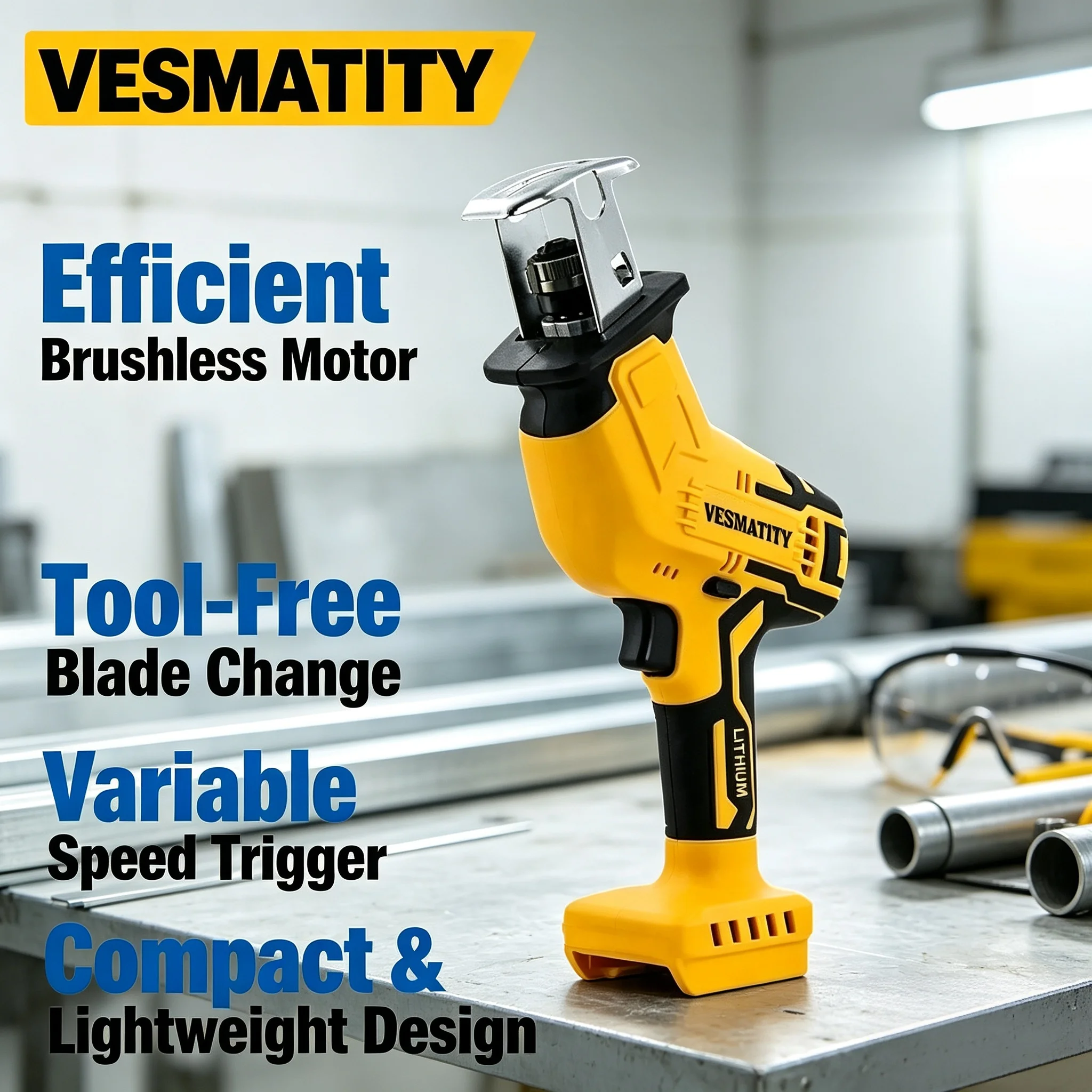vesmatity-ブラシレス-サーベルソー-18v-pro-max-plus。金属、木材、パイプなどの切断に使用できる、バッテリー式の多機能電動工具。