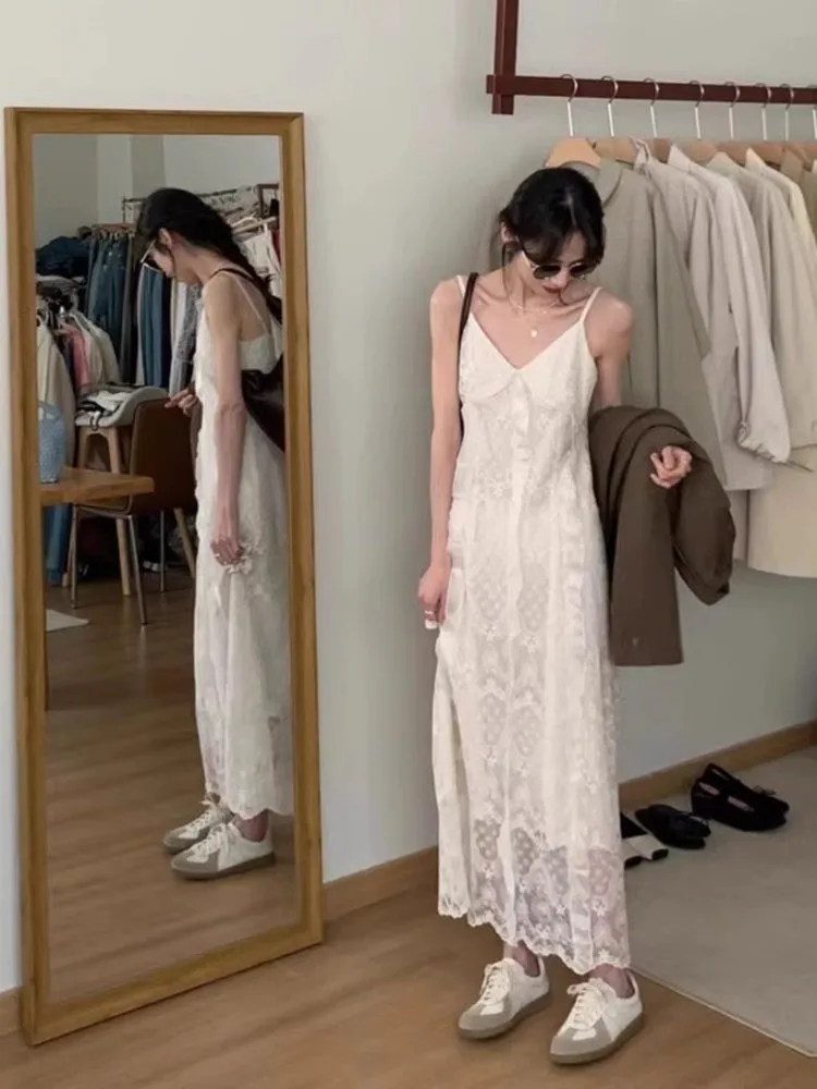 Ele simples verão longo dr vestido feminino de alça de renda com camada de base de emagrecimento le v-ne fechamento com zíper saia evasê
