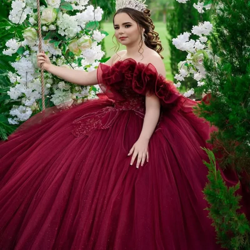 

wine red Quinceanera Dress applique Tull Ball Gown Lace layering crystal Long tail vestidos de 15 quinceañera Customized