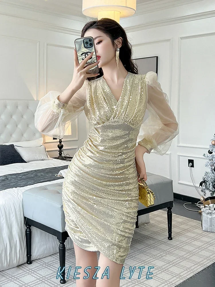 

Fashion 2024 Fall Bubble Sleeves Glitter Party Birthday Sexy Evening Dress with V-neck for Temperament Mini Dresses For Women