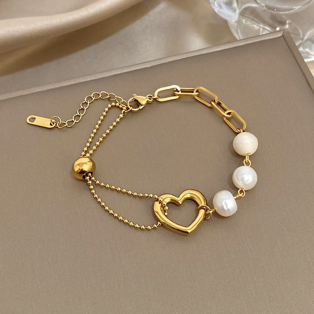 

DODOHAO Trendy Stainless Steel Heart Pendant Bracelet Women Elegant Imitation Pearl Charm Bracelet Valentine's Day Jewelry Gift