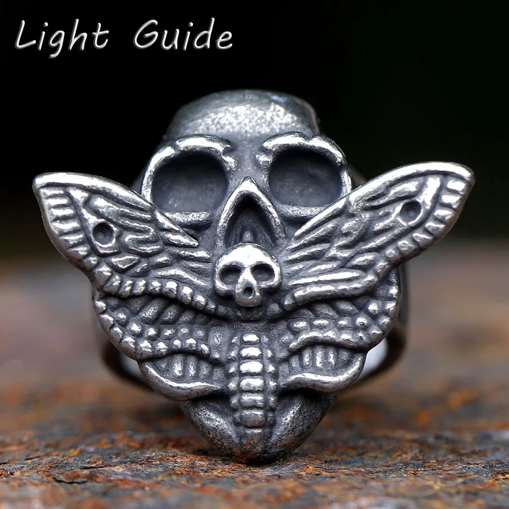 2026 New Arrival Stainless Steel moth and Skull Ring retro Punk Hip Hop Jewelry Men's Ring Fashion Jewelry Gift free shipping