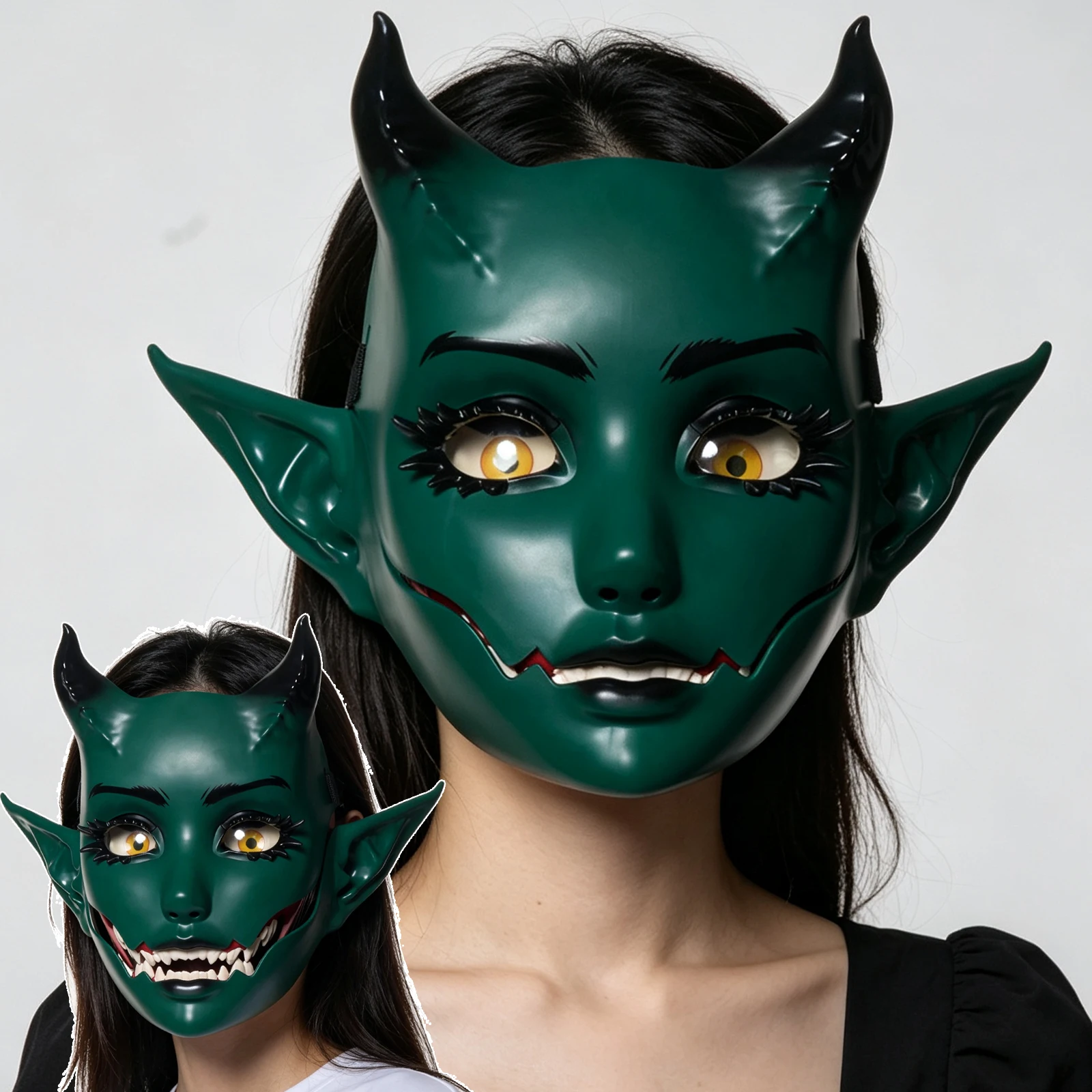 JAUPTO Green Horned Face Mask with Moving Jaw Fantasy Creature Costume Mask for Party Festival Performance Adult