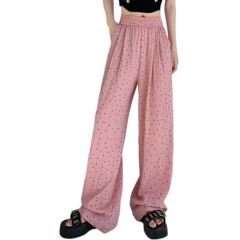 Women Casual Loose Wide Leg Pant Dot Print Elastic Waist Thin Straight Trousers Drop Shipping