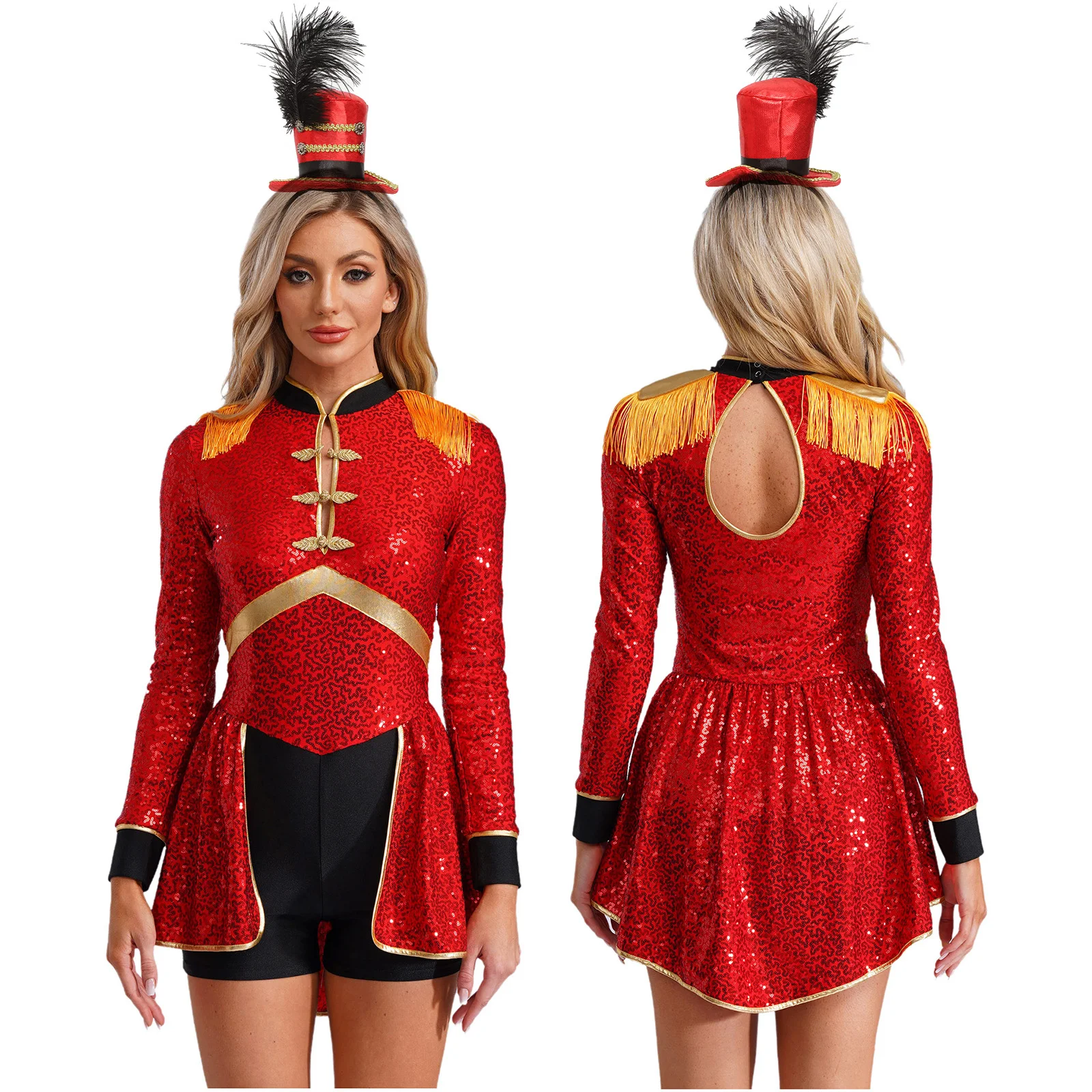 

Women Circus Ringmaster Dress-up Clothes Long Sleeve Fringe Epaulets Sequin Bodysuit and Headwear for Halloween Magician Cosplay