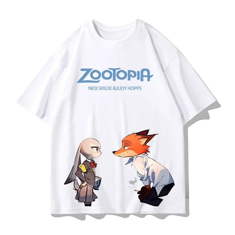 ديزني Zootopia تي شيرتات قصيرة الاكمام الصيف الكرتون جودي نيك زوجين الملابس الرياضية عادية كم قصير الرجال والنساء