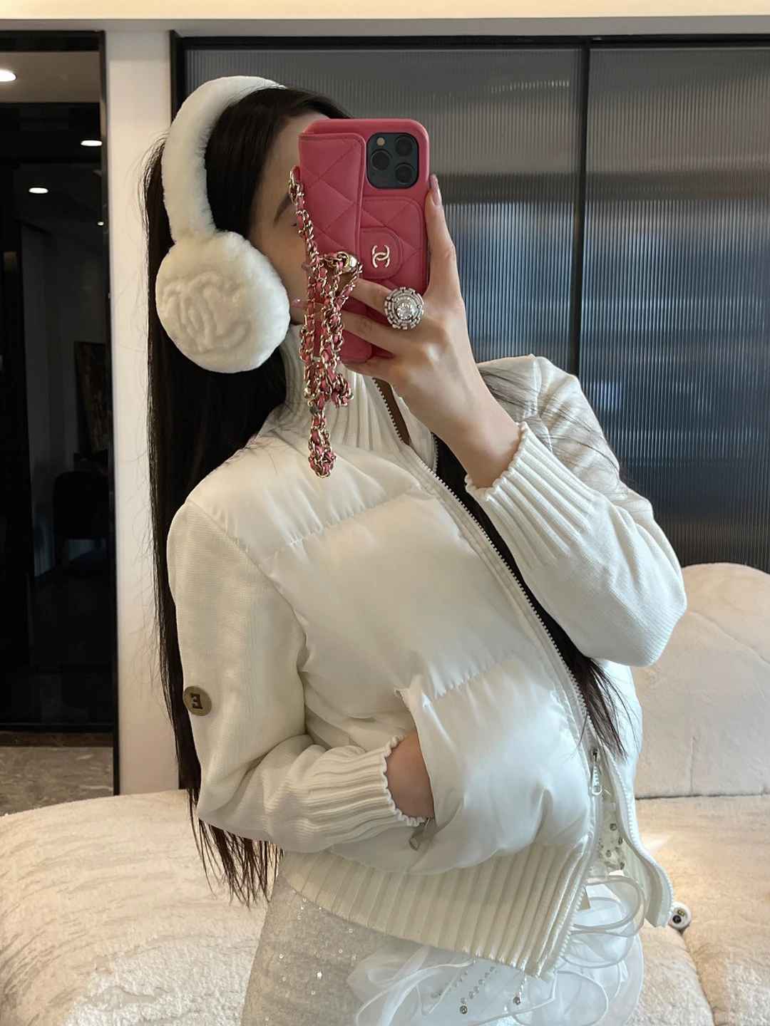 

ChiclyNana White Lightweight Padded Jaet Women's Knitted Splicing Collar ort Sle Winter Korean System Matching