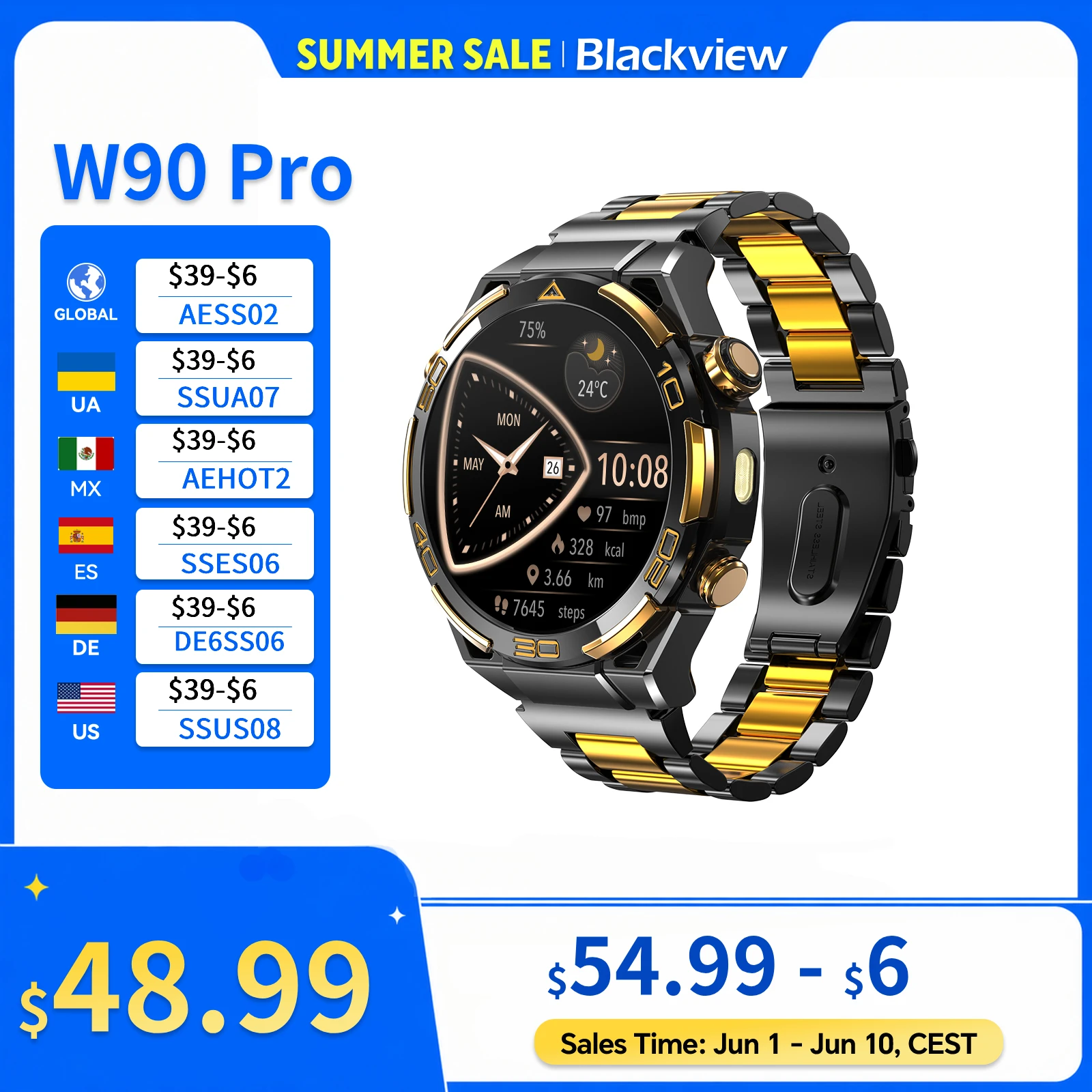 New Blackview W90 Pro GPS Smart Watch 1.43" HD AMOLED Display, 900mAh/ 20Days Standby Bluetooth Waterproof Sport Watch for Men