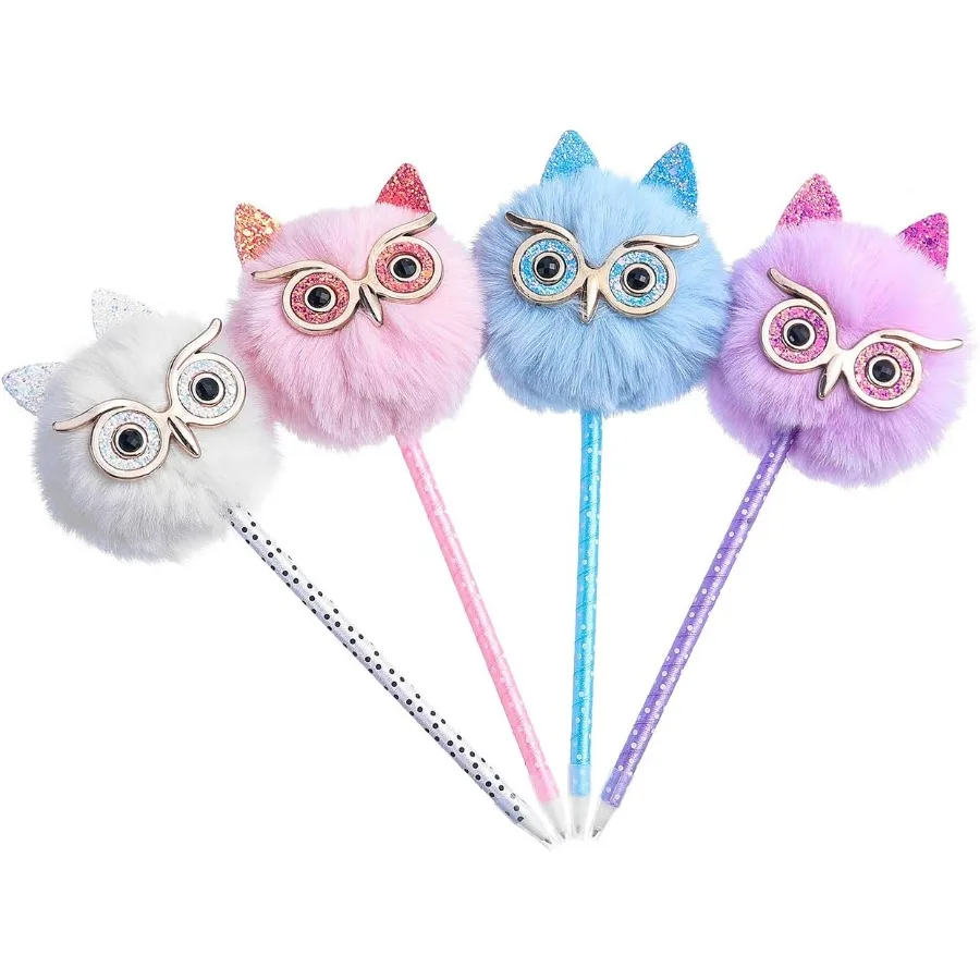 

4 Pack Owl gift Pen Novelty Pens Colorful Fluffy Ball Pen Pom Pom Pen for Easter and Party Supplies