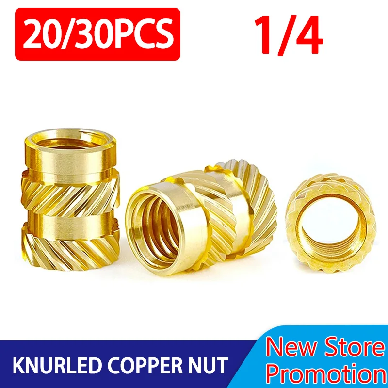 20/30PCS 1/4 Threaded Insert Nut Brass Heat Inch Size Knurled Hot Melt Molding Injection Embedded Insertion Nut for Plastic