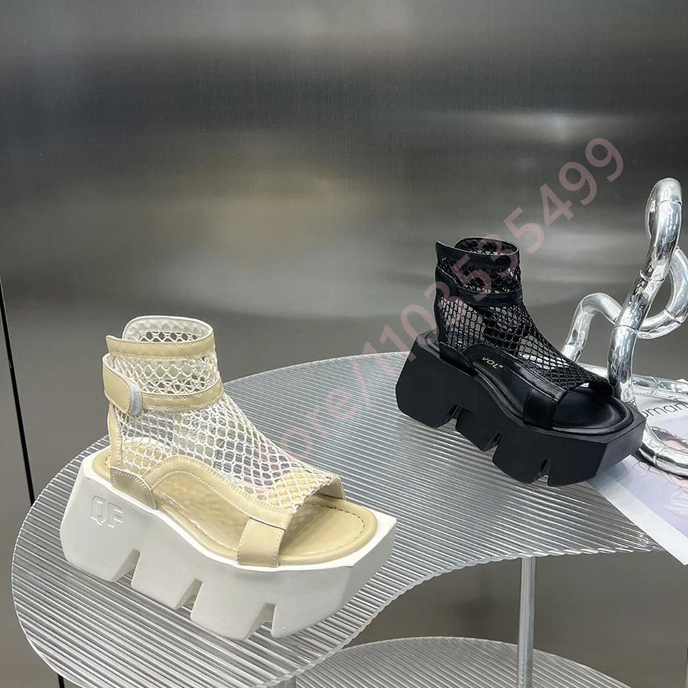 2026 Mesh Cutout Platform Sandals Women Adjustable Buckle Ankle Strap Geometric Chunky Sole Open Toe Streetwear Summer Shoes